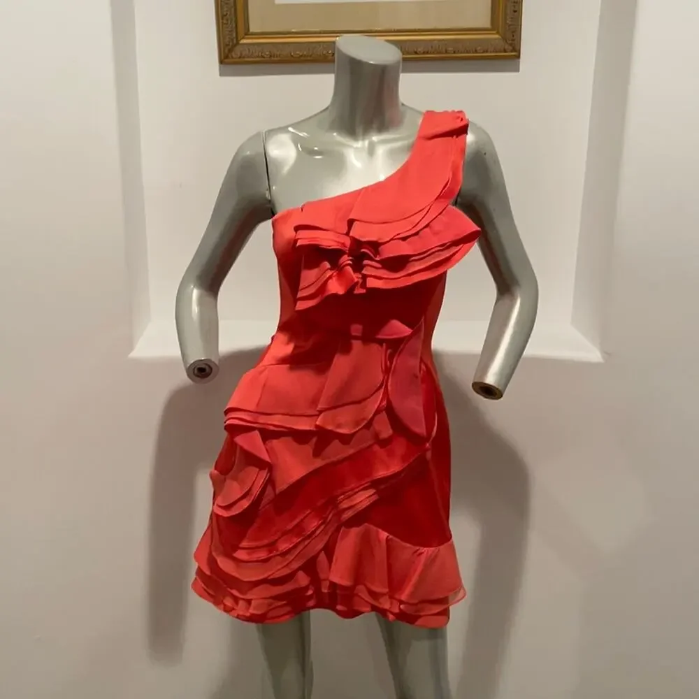 Bcbgmaxazria “ Jonesy” Coral One Shoulder Mini Ruffled Dress Size 4 BNWOT